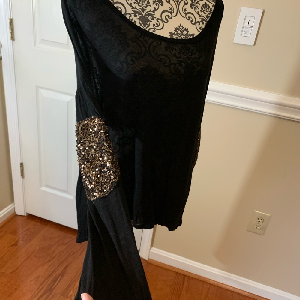 Sage, black women’s shirt with sequin elbows, size S/M
